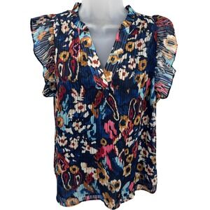 Jade Melody Tam Floral Ruffle Sleeve V-Neck Chiffon Pleated Top Blouse Womens S